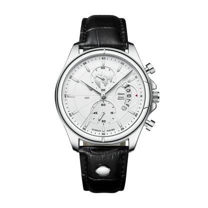 Montre homme luxe chronographe verre saphir argent cadran blanc cuir blanc 42mm