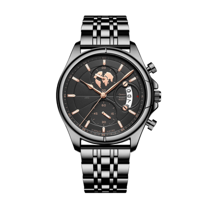 Montre homme luxe chronographe verre saphir argent cadran bleu bracelet acier 42mm