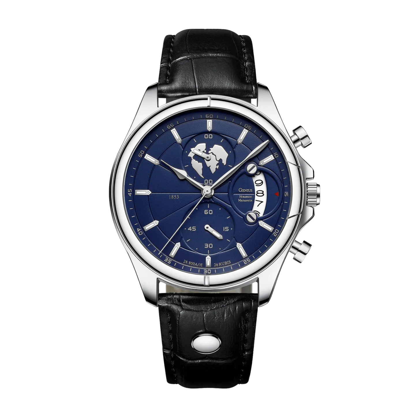 Montre homme luxe chronographe verre saphir argent cadran bleu cuir noir 42mm