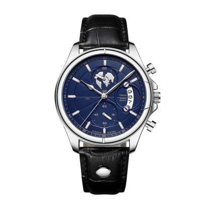 Montre homme luxe chronographe verre saphir argent cadran bleu cuir noir 42mm
