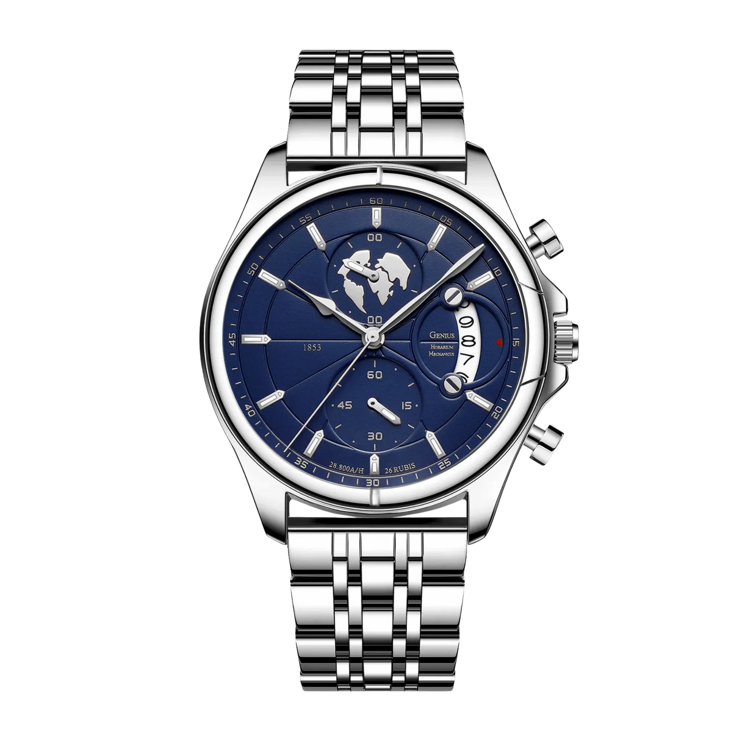 Montre homme luxe chronographe verre saphir argent cadran bleu foncé bracelet acier 42mm