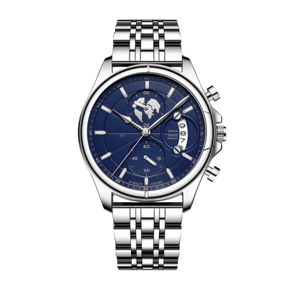 Montre homme luxe chronographe verre saphir argent cadran bleu foncé bracelet acier 42mm