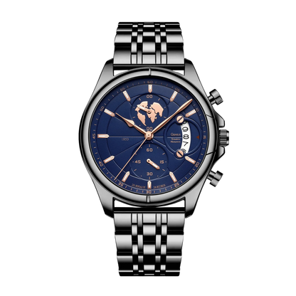 Montre homme luxe chronographe verre saphir argent cadran gris bracelet acier 42mm