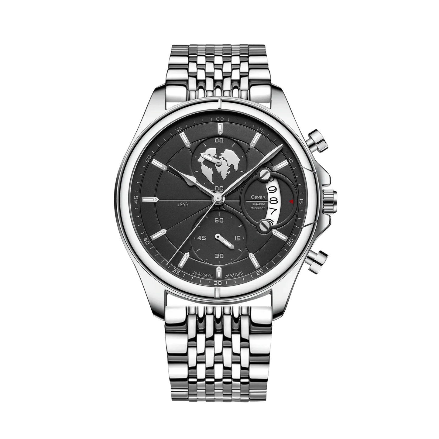 Montre homme luxe chronographe verre saphir argent cadran noir bracelet acier 42mm