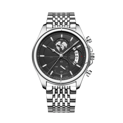 Montre homme luxe chronographe verre saphir argent cadran noir bracelet acier 42mm