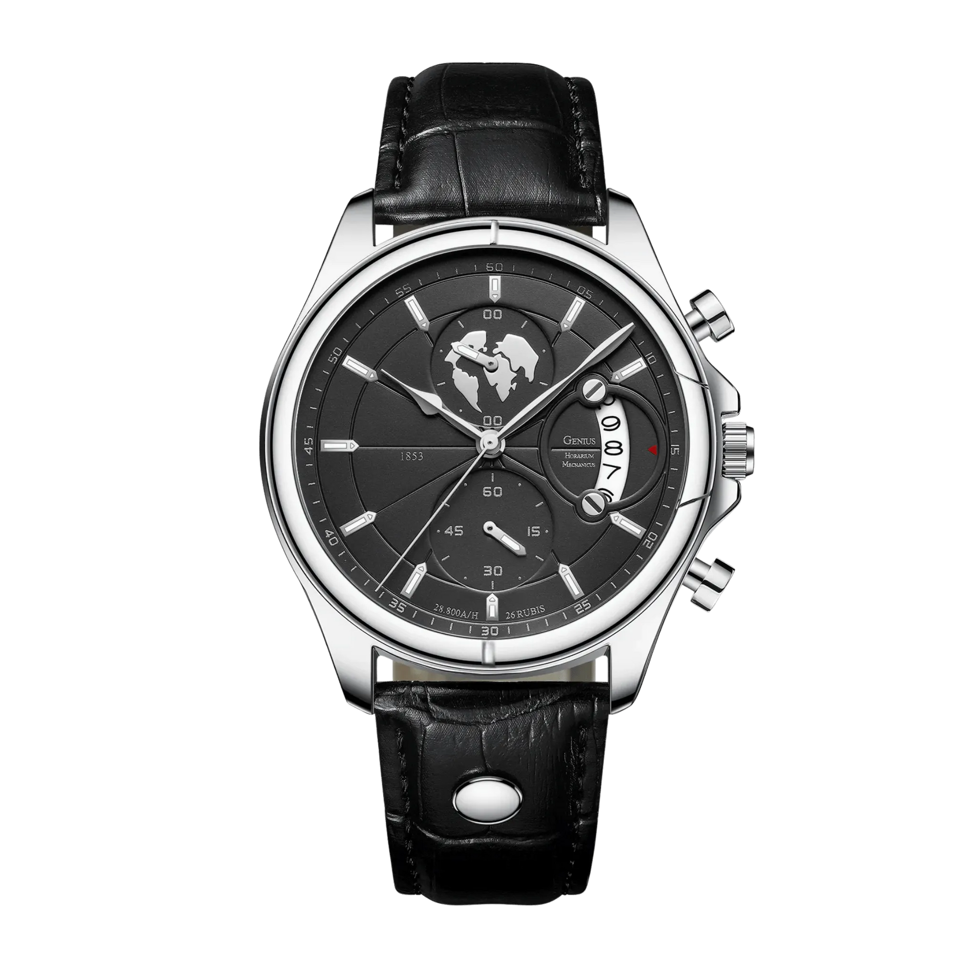 Montre homme luxe chronographe verre saphir argent cadran noir cuir noir 42mm
