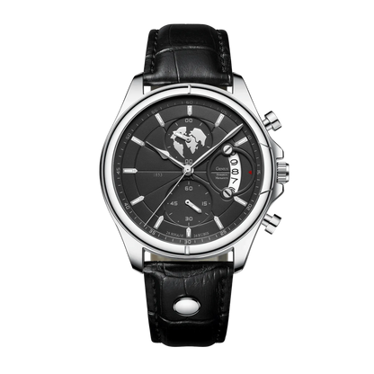 Montre homme luxe chronographe verre saphir argent cadran noir cuir noir 42mm