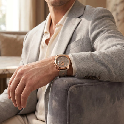 Montre homme luxe chronographe saphir cuir portée au poignet avec blazer