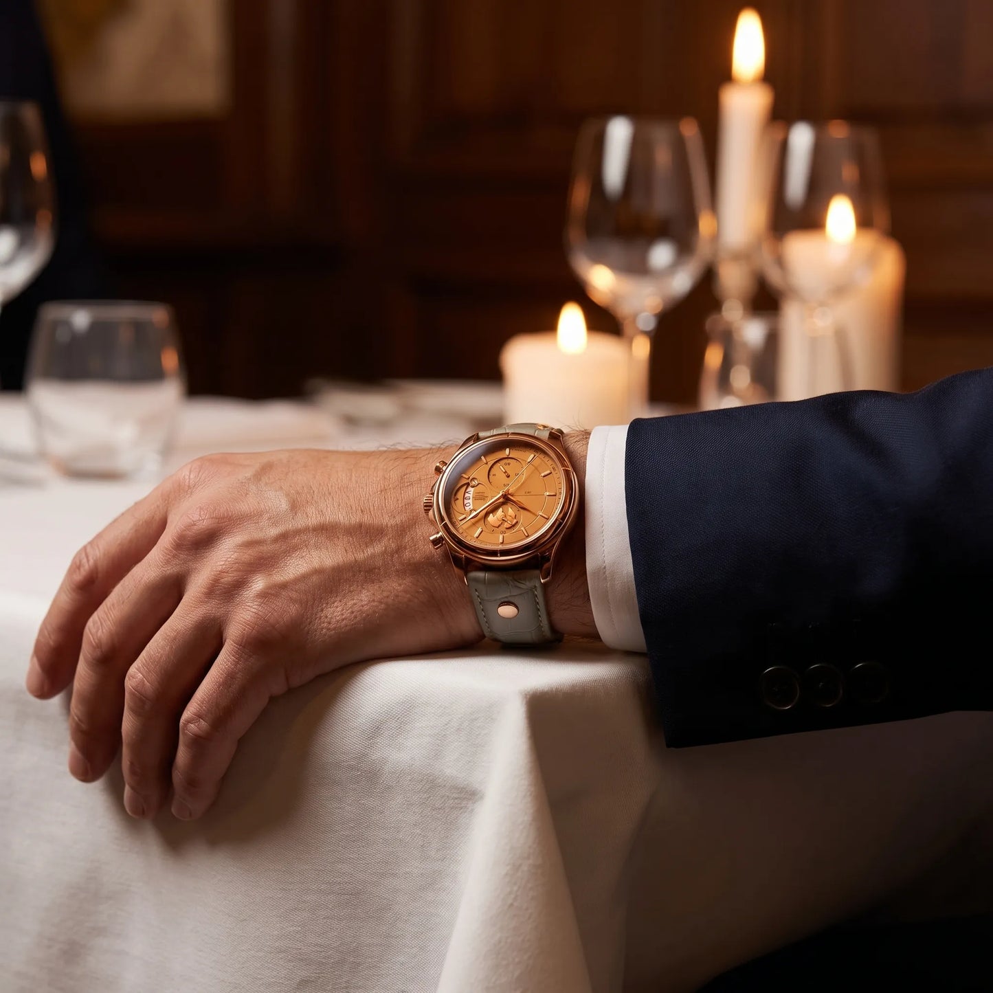 Montre homme luxe chronographe saphir portée au poignet lors d'un dîner