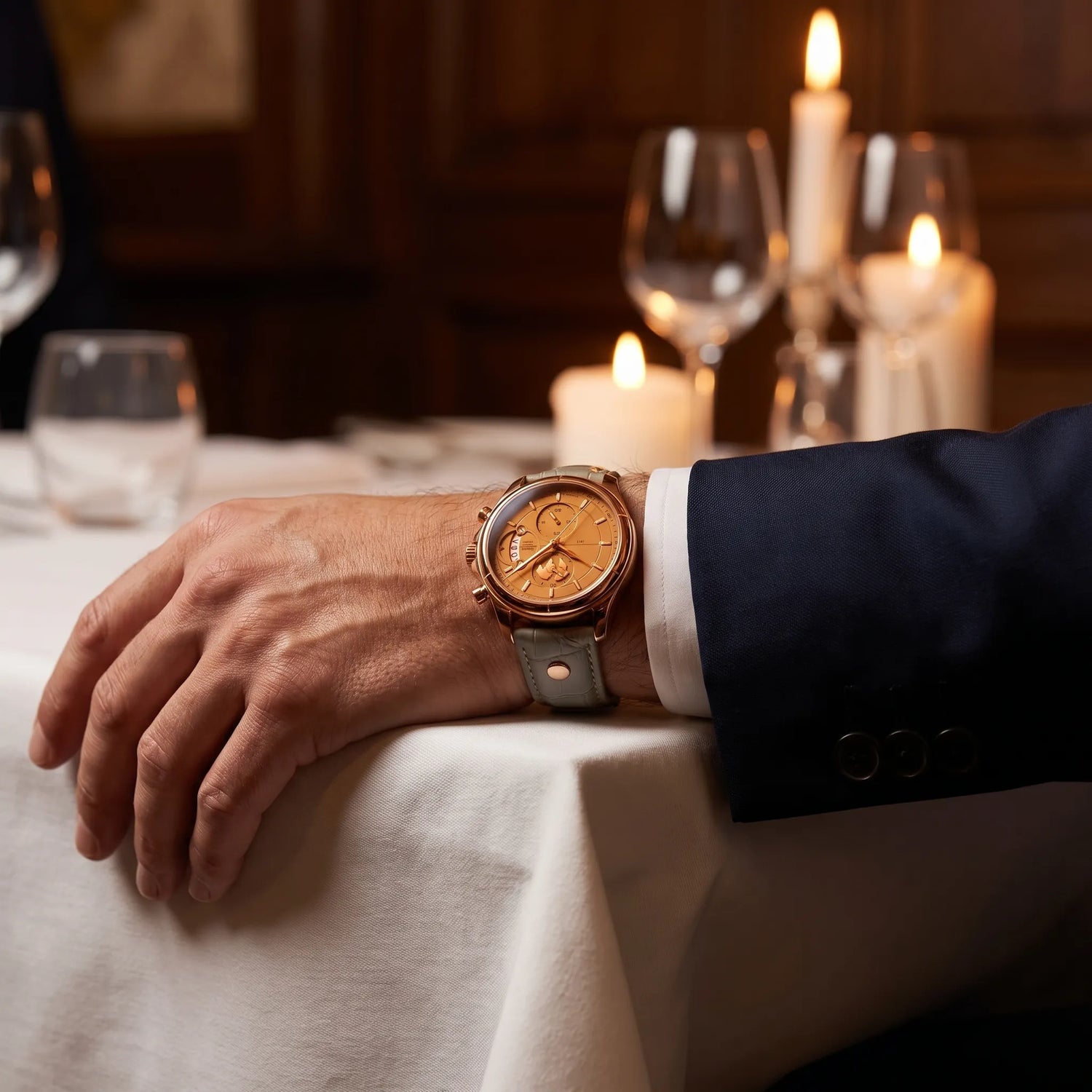 Montre homme luxe chronographe saphir portée au poignet lors d'un dîner