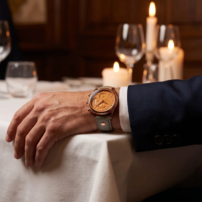 Montre homme luxe chronographe saphir portée au poignet lors d'un dîner