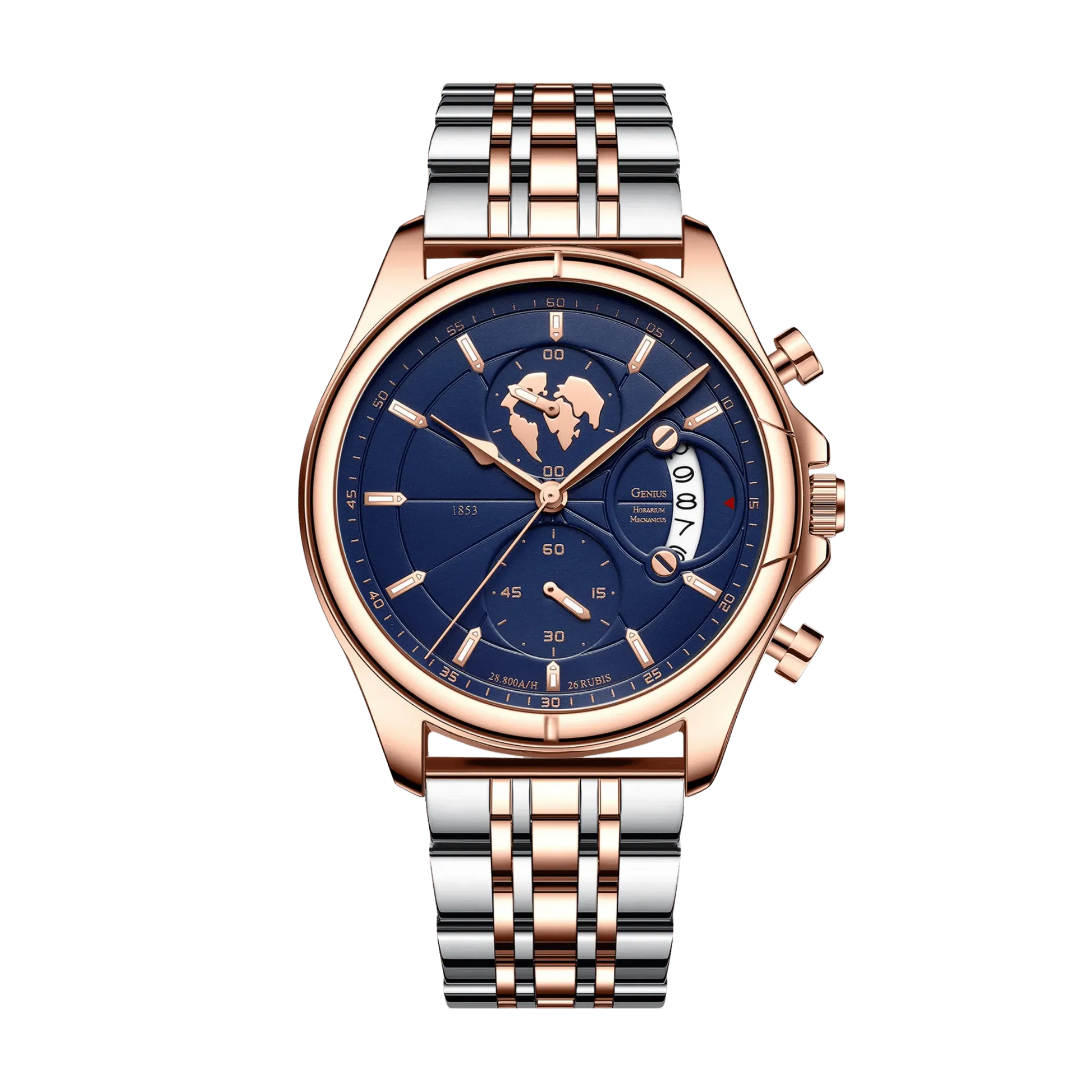 Montre homme luxe chronographe verre saphir rose gold cadran bleu bracelet acier 42mm