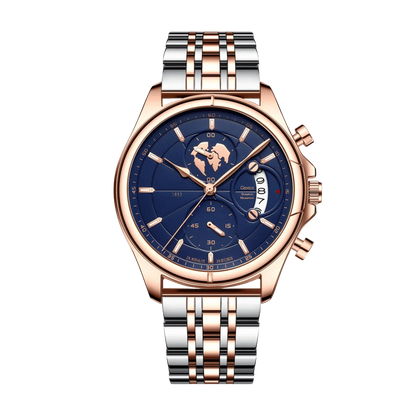 Montre homme luxe chronographe verre saphir rose gold cadran bleu bracelet acier 42mm