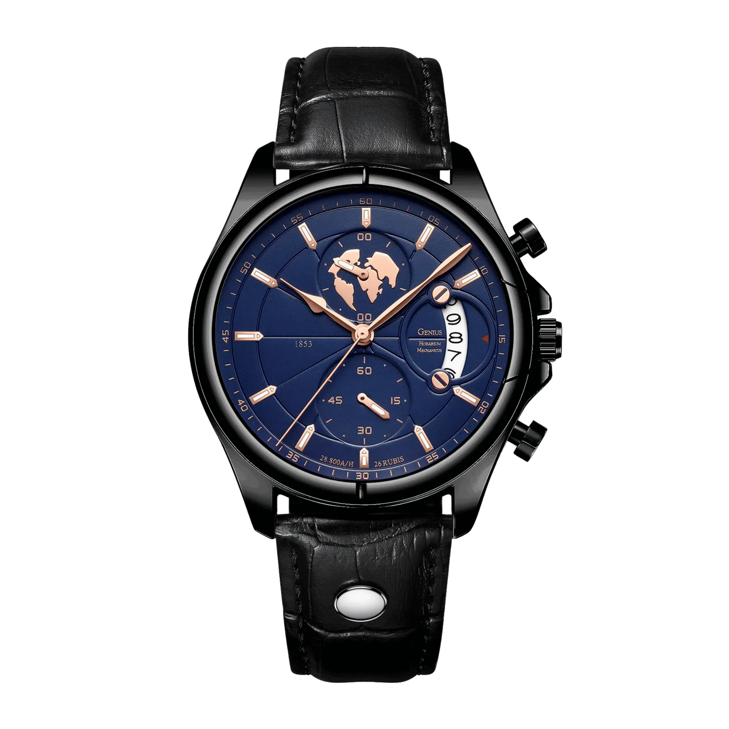 Montre homme luxe chronographe verre saphir rose gold cadran bleu cuir bleu 42mm