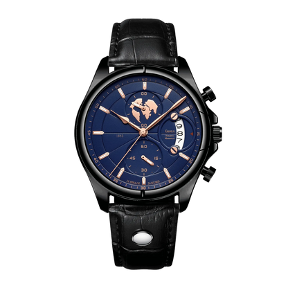 Montre homme luxe chronographe verre saphir rose gold cadran bleu cuir bleu 42mm