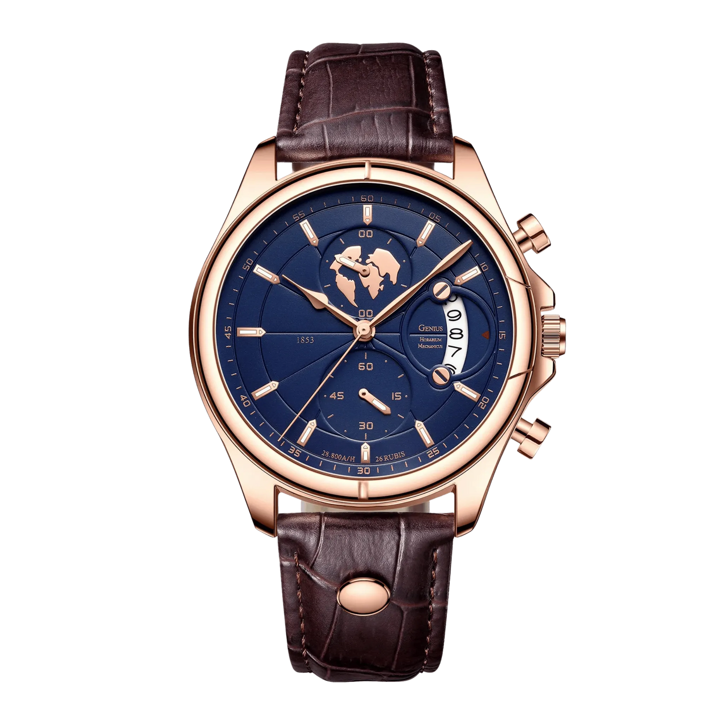 Montre homme luxe chronographe verre saphir rose gold cadran bleu cuir marron 42mm
