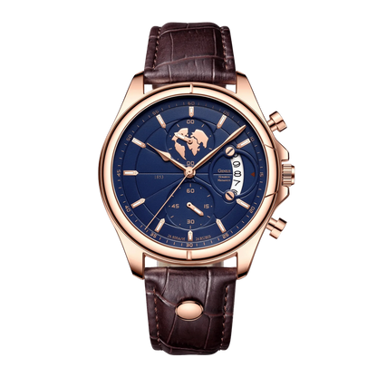Montre homme luxe chronographe verre saphir rose gold cadran bleu cuir marron 42mm