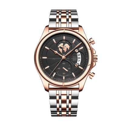 Montre homme luxe chronographe verre saphir rose gold cadran champagne bracelet acier 42mm