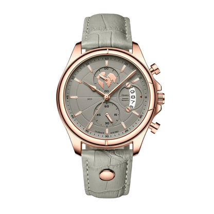 Montre homme luxe chronographe verre saphir rose gold cadran gris cuir beige 42mm