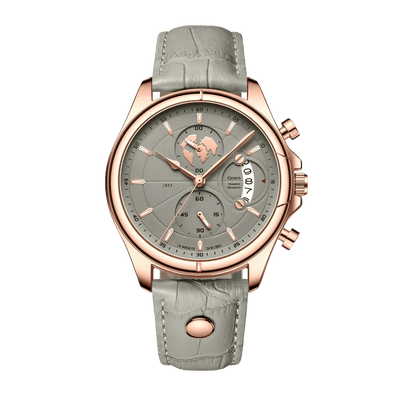 Montre homme luxe chronographe verre saphir rose gold cadran gris cuir beige 42mm