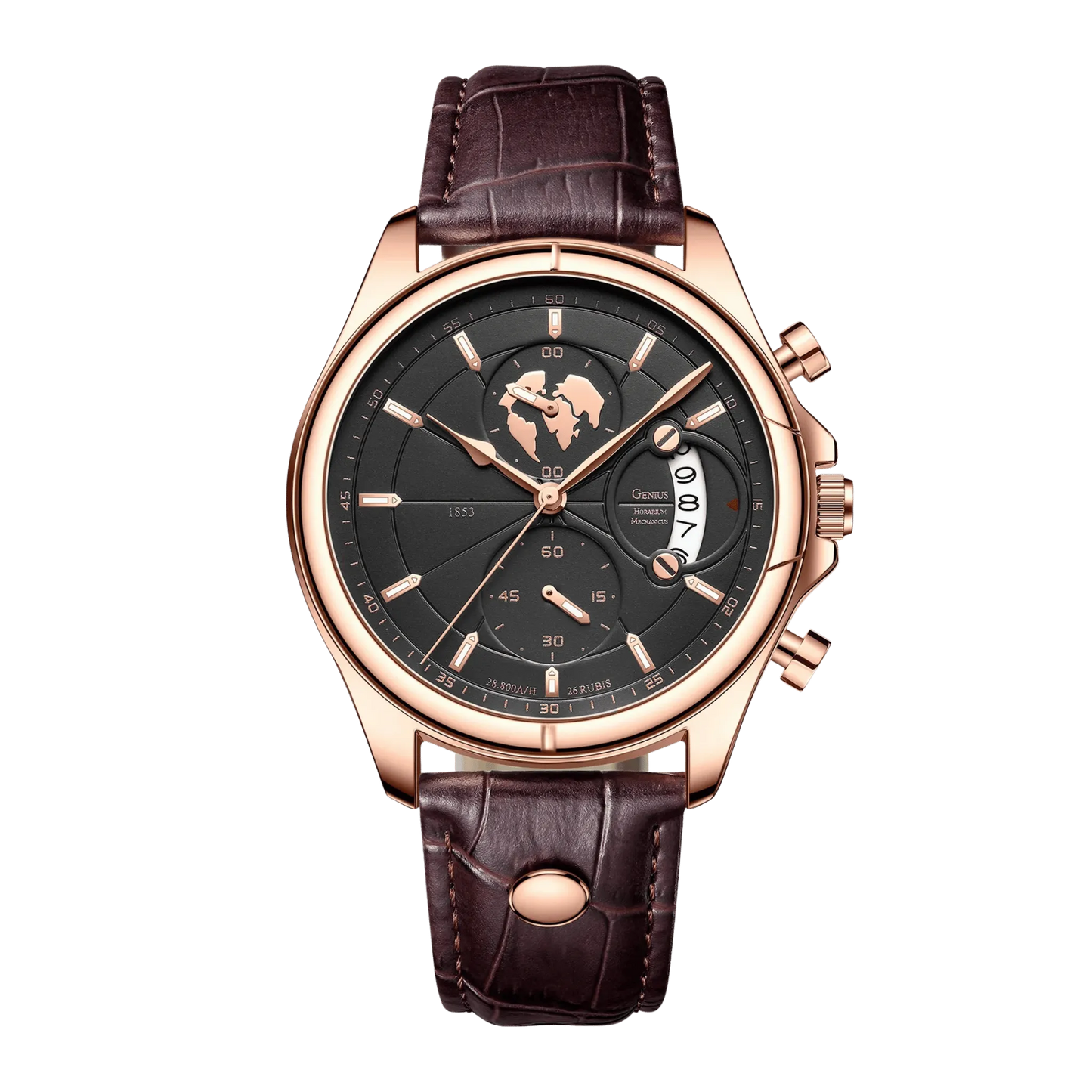 Montre homme luxe chronographe verre saphir rose gold cadran noir cuir marron 42mm