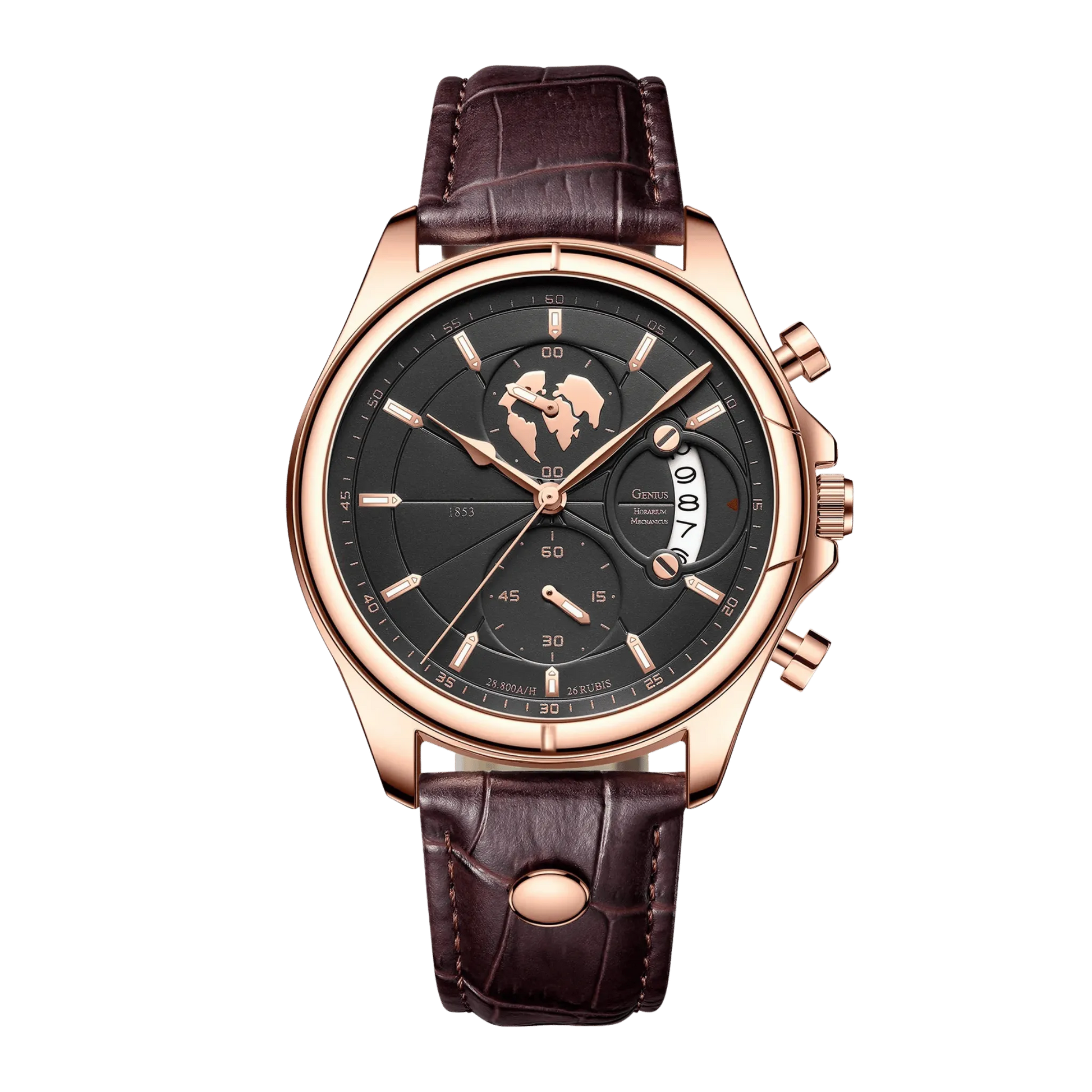 Montre homme luxe chronographe verre saphir rose gold cadran noir cuir marron 42mm