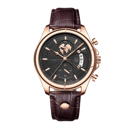 Montre homme luxe chronographe verre saphir rose gold cadran noir cuir marron 42mm
