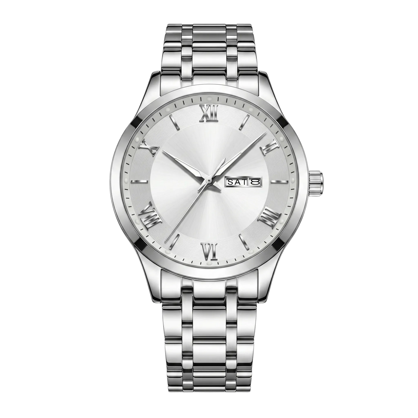 Montre homme luxe jour et date cadran blanc bracelet acier inoxydable 42mm