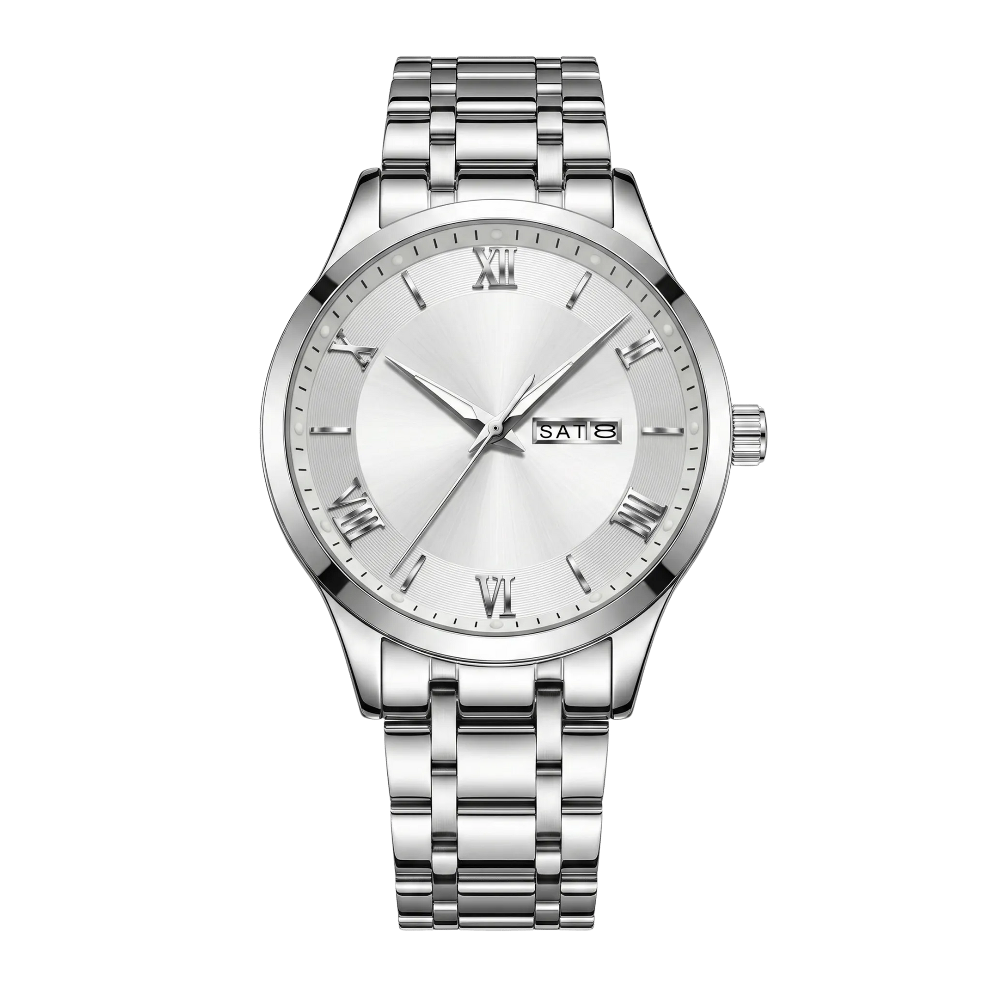 Montre homme luxe jour et date cadran blanc bracelet acier inoxydable 42mm