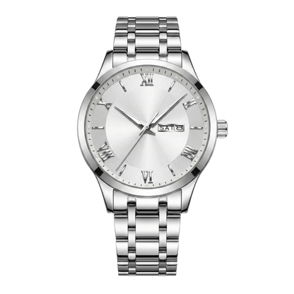 Montre homme luxe jour et date cadran blanc bracelet acier inoxydable 42mm