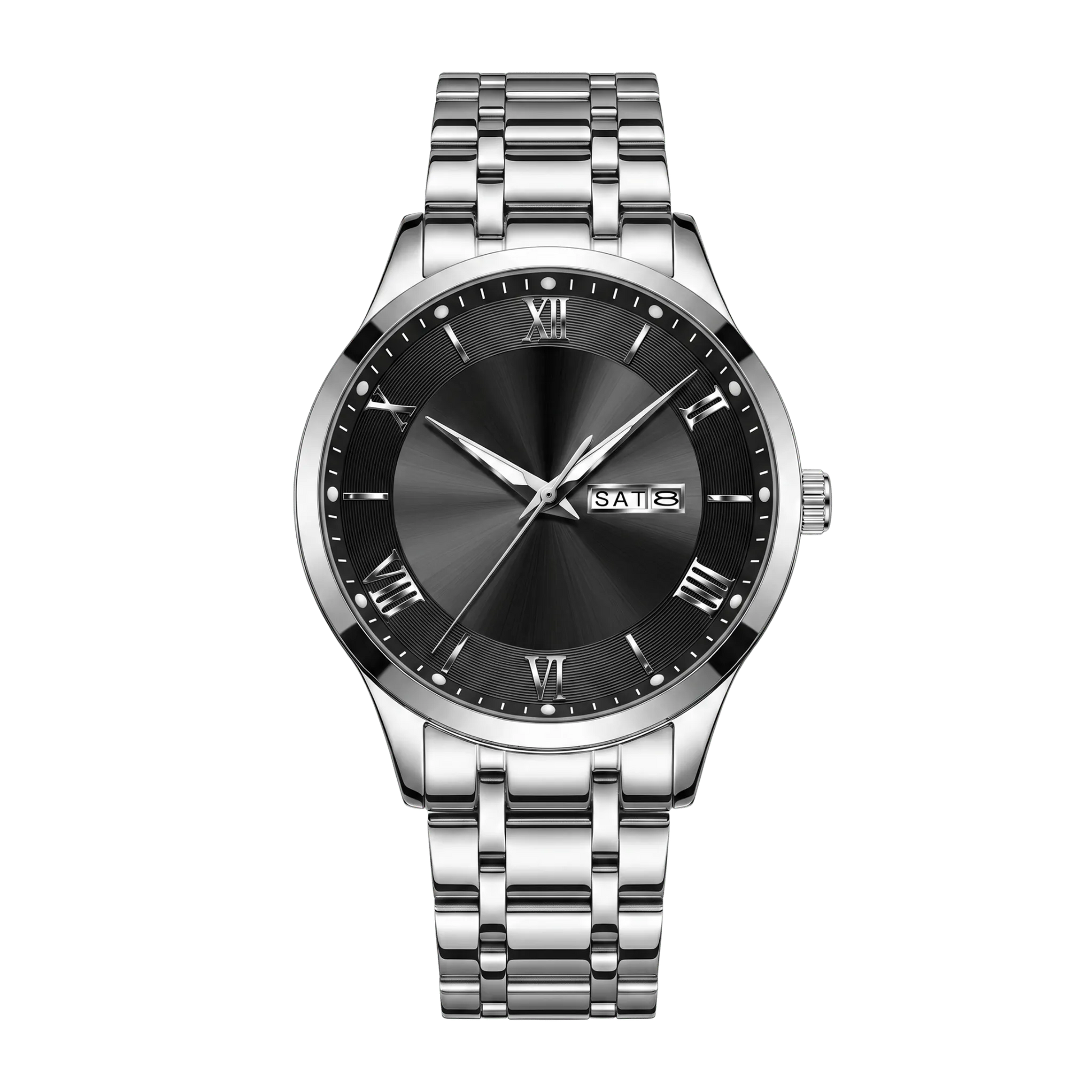 Montre homme luxe jour et date cadran noir bracelet acier inoxydable 42mm