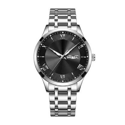 Montre homme luxe jour et date cadran noir bracelet acier inoxydable 42mm