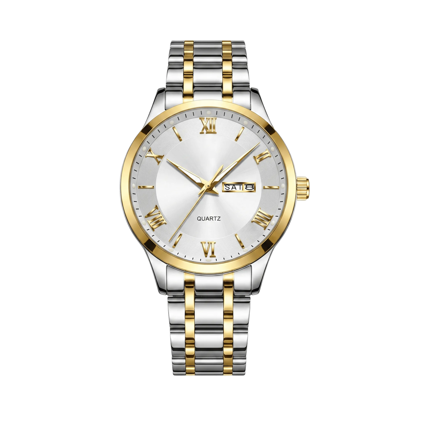 Montre homme luxe jour et date bicolore or et acier cadran blanc 42mm