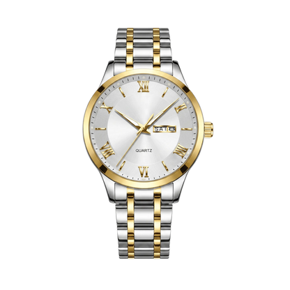 Montre homme luxe jour et date bicolore or et acier cadran blanc 42mm