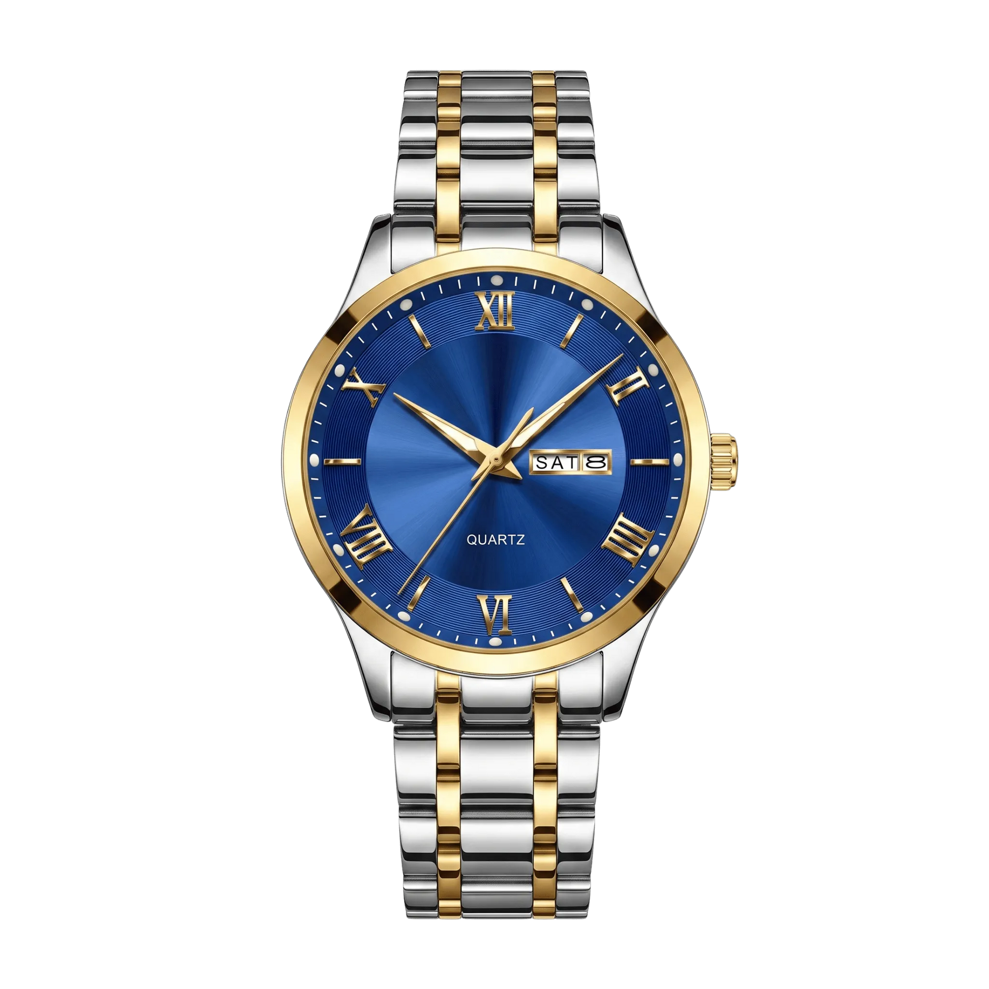 Montre homme luxe jour et date bicolore or et acier cadran bleu 42mm