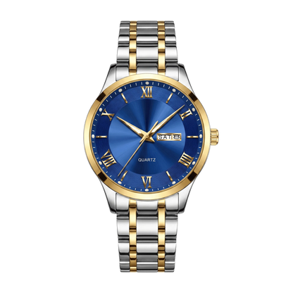 Montre homme luxe jour et date bicolore or et acier cadran bleu 42mm