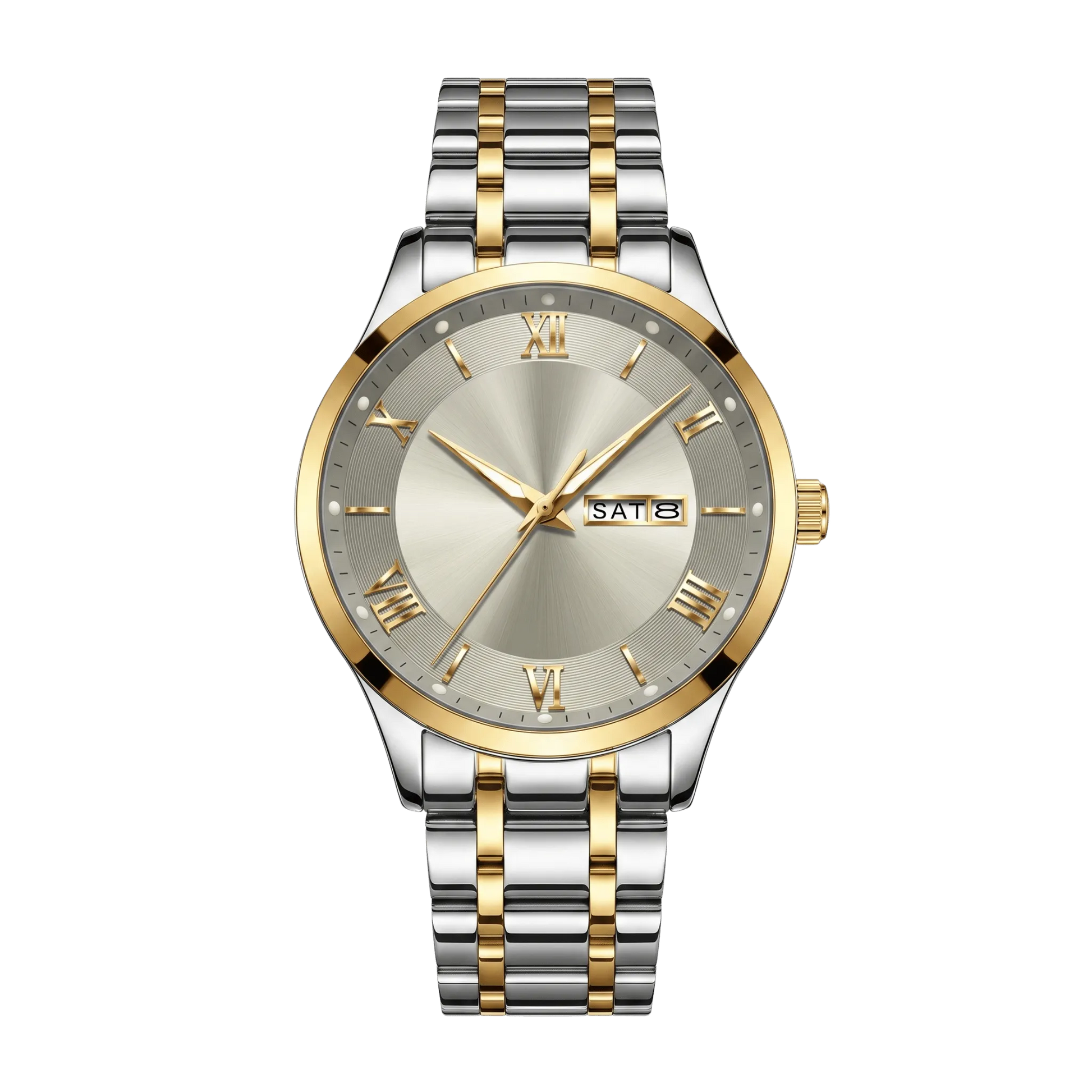 Montre homme luxe jour et date bicolore or et acier cadran gris 42mm