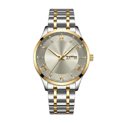 Montre homme luxe jour et date bicolore or et acier cadran gris 42mm