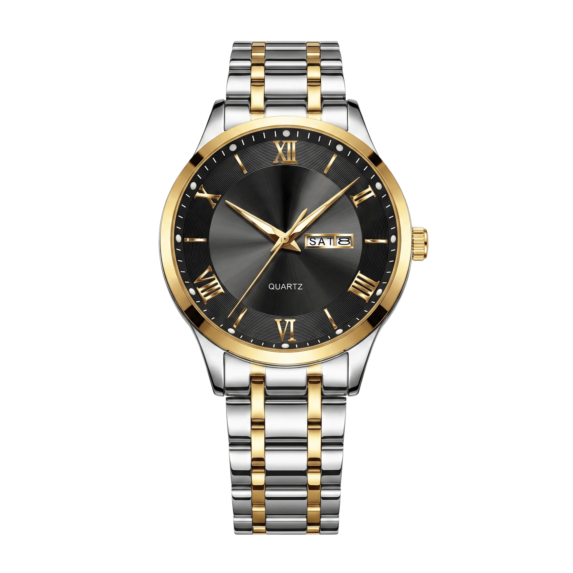 Montre homme luxe jour et date bicolore or et acier cadran noir 42mm