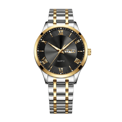 Montre homme luxe jour et date bicolore or et acier cadran noir 42mm