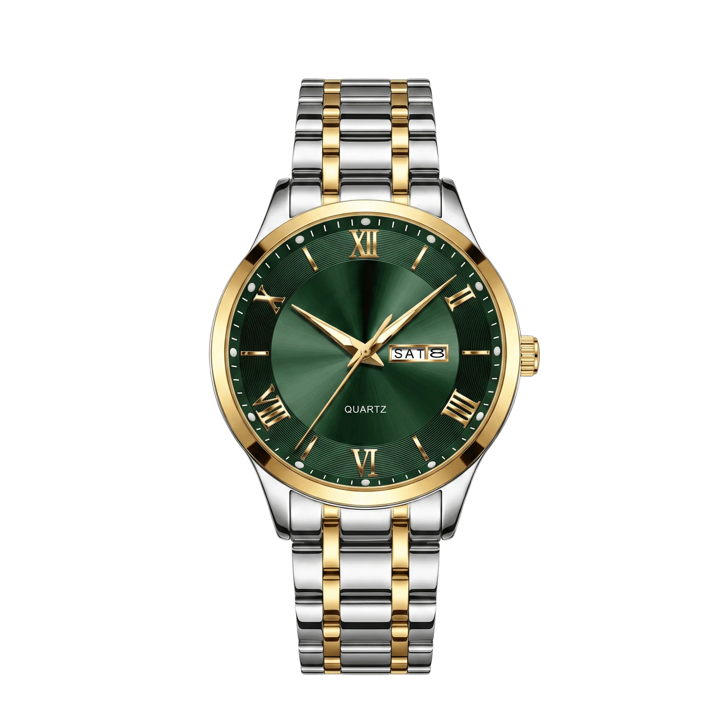 Montre homme luxe jour et date bicolore or et acier cadran vert 42mm