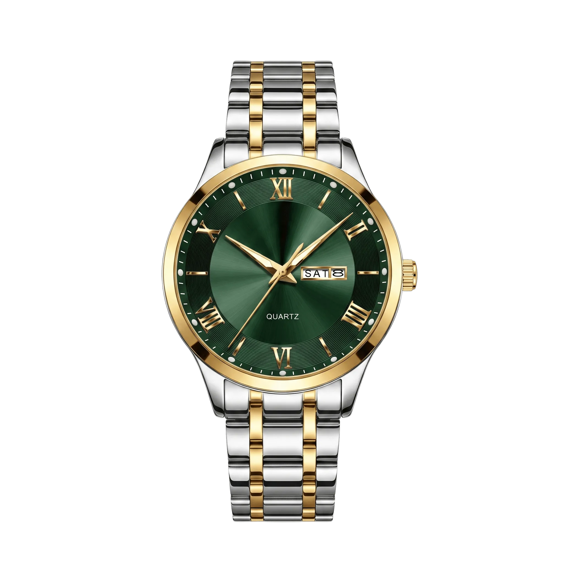 Montre homme luxe jour et date bicolore or et acier cadran vert 42mm