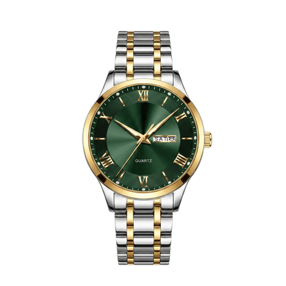 Montre homme luxe jour et date bicolore or et acier cadran vert 42mm
