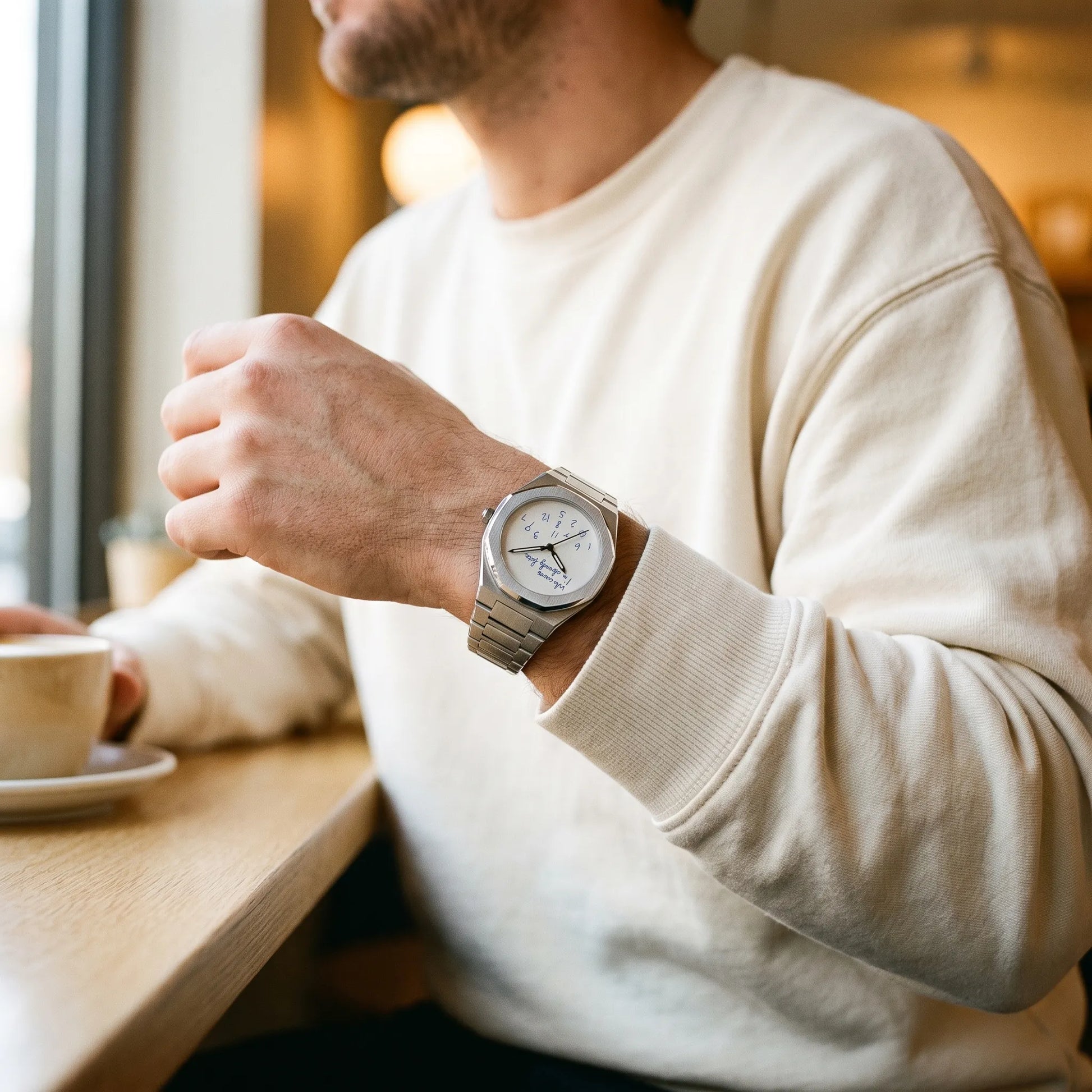 Montre homme luxe octogonale minimaliste portée au poignet au café