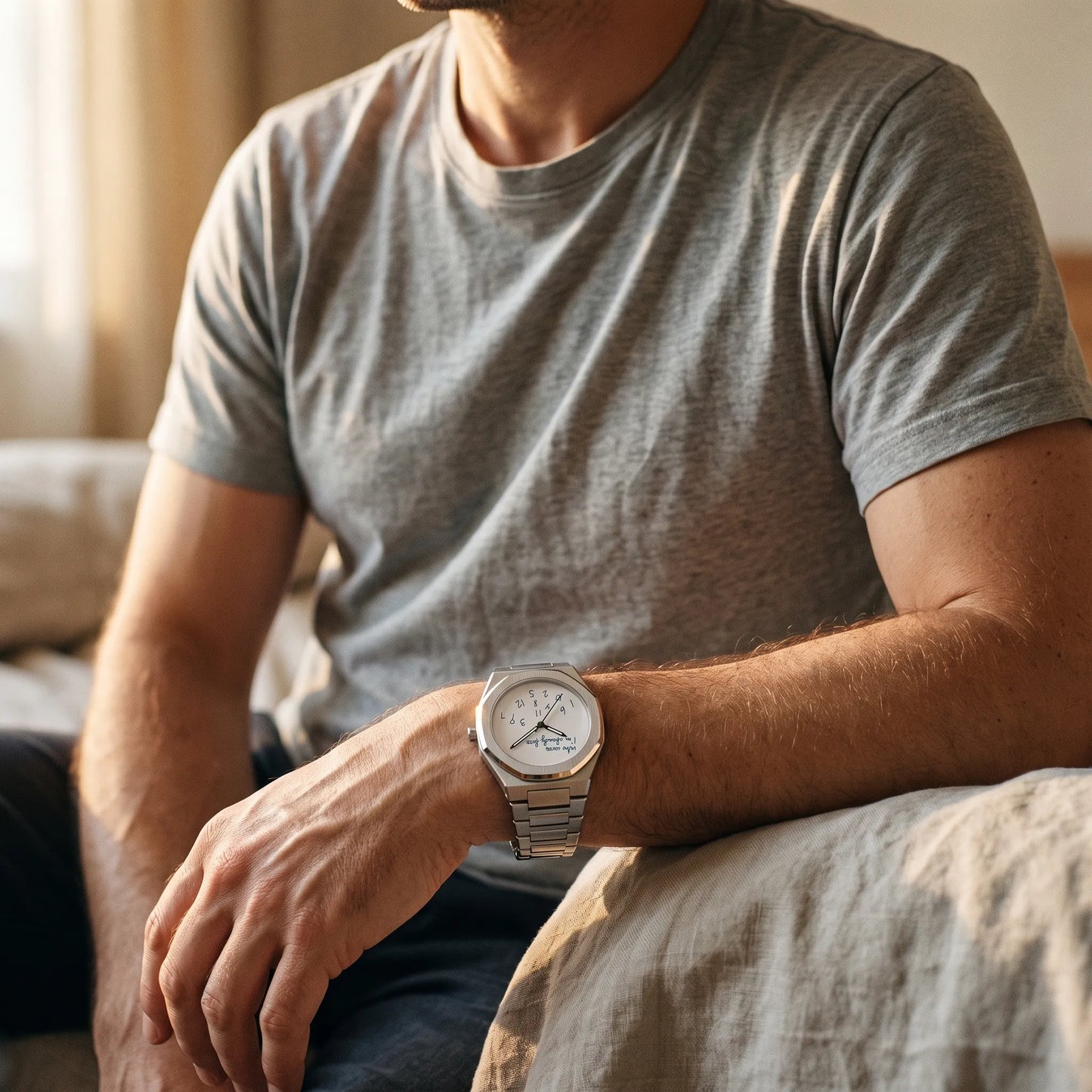 Montre homme luxe octogonale minimaliste portée au poignet style décontracté