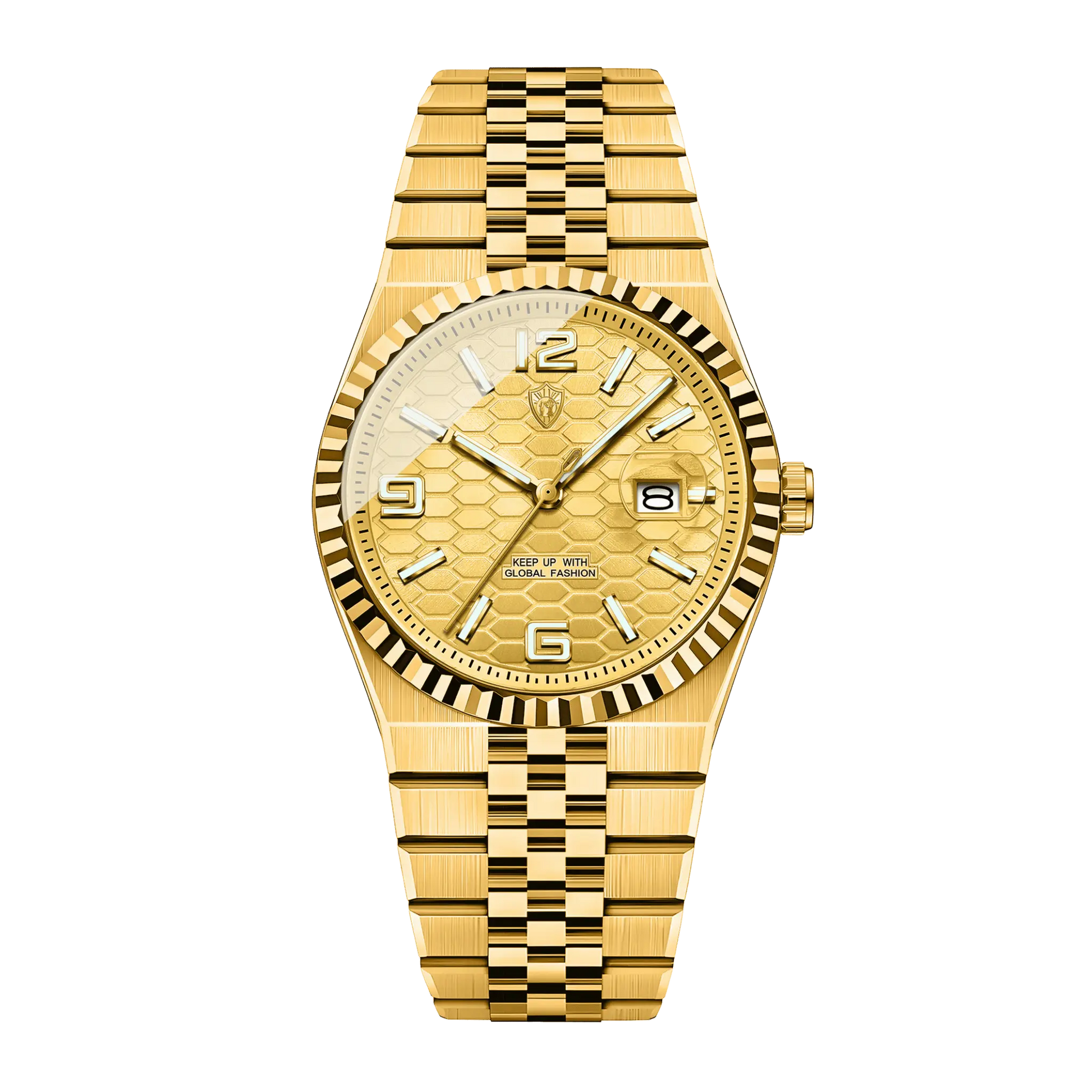 Montre homme luxe dorée cadran or bracelet jubilé vue studio fond noir