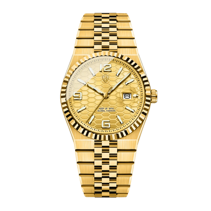 Montre homme luxe dorée cadran or bracelet jubilé vue studio fond noir