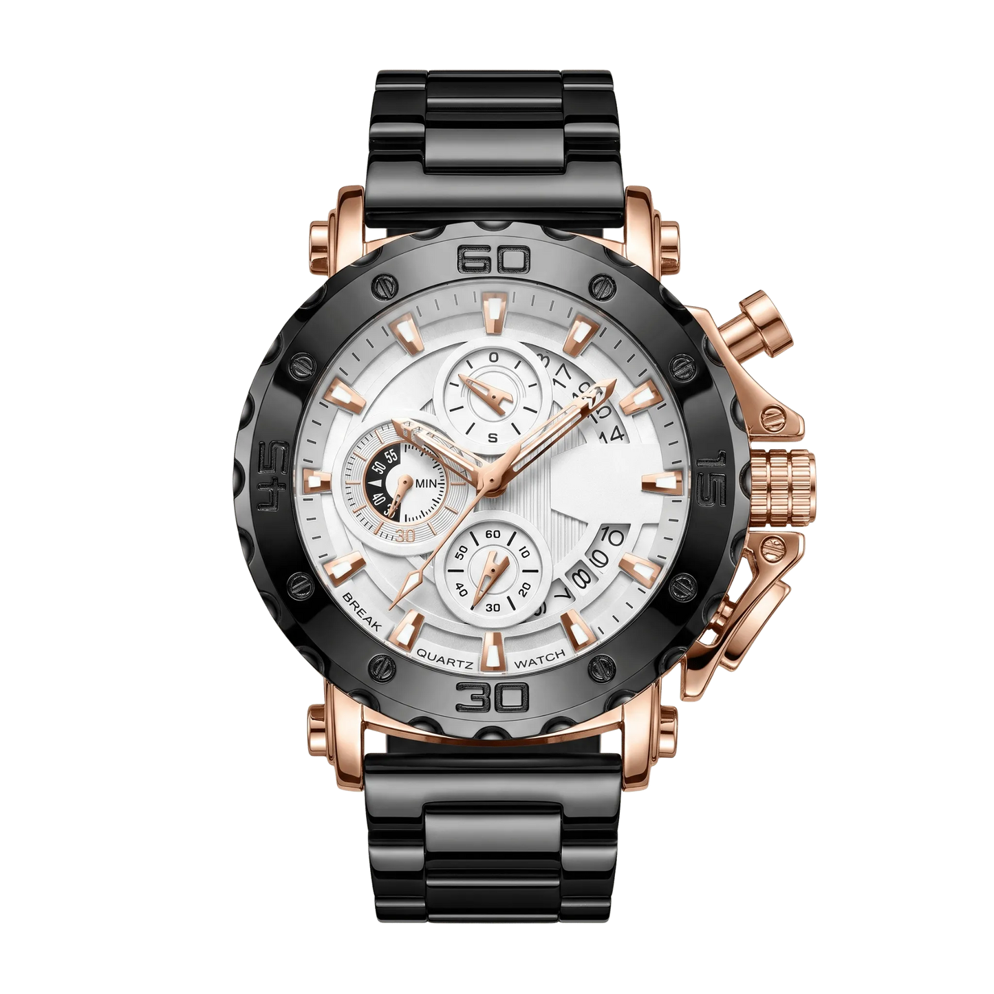 Montre homme sport chronographe luxe cadran blanc orné bracelet acier 46mm