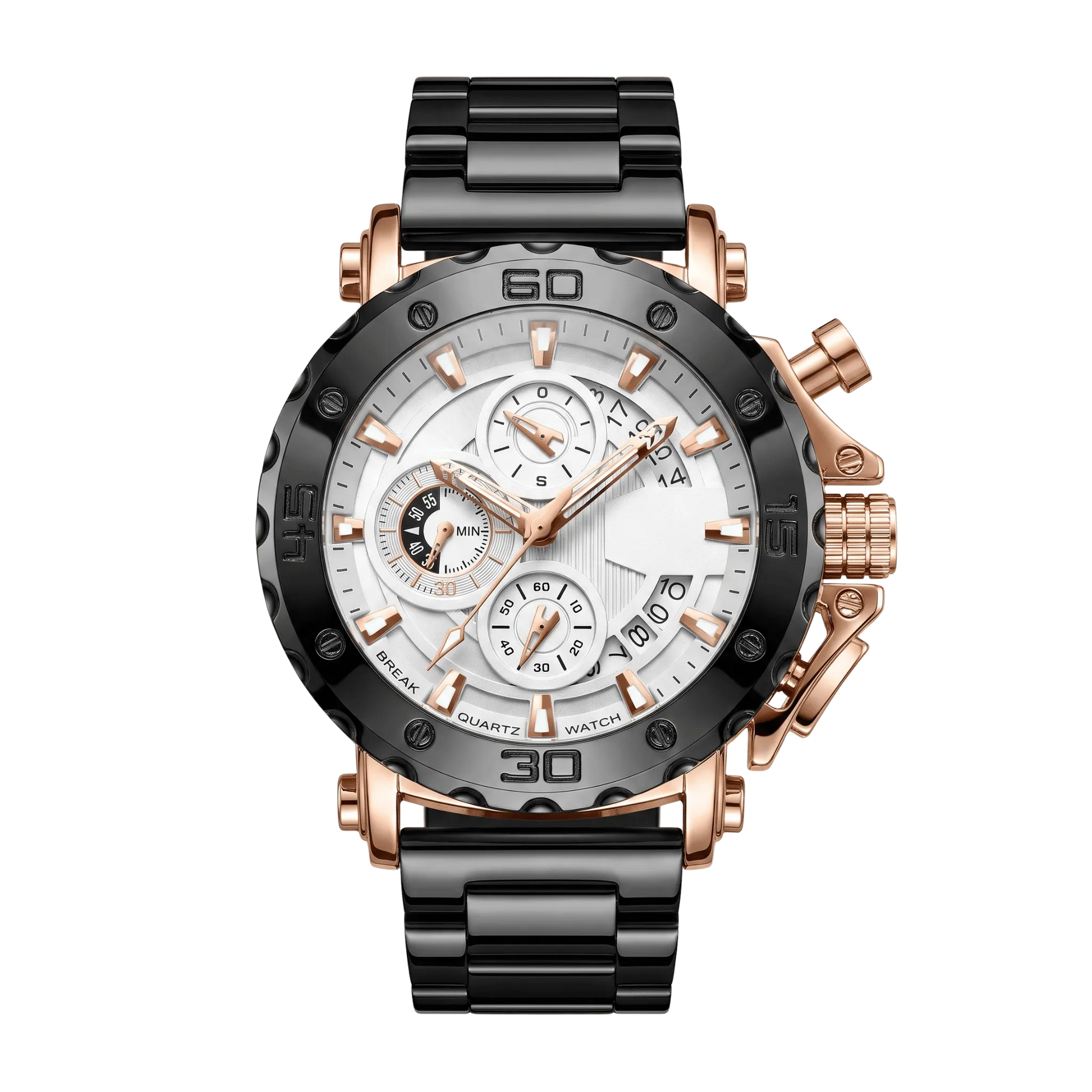 Montre homme sport chronographe luxe cadran blanc orné bracelet acier 46mm