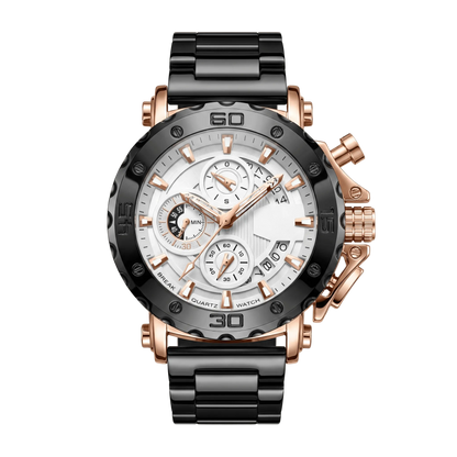 Montre homme sport chronographe luxe cadran blanc orné bracelet acier 46mm